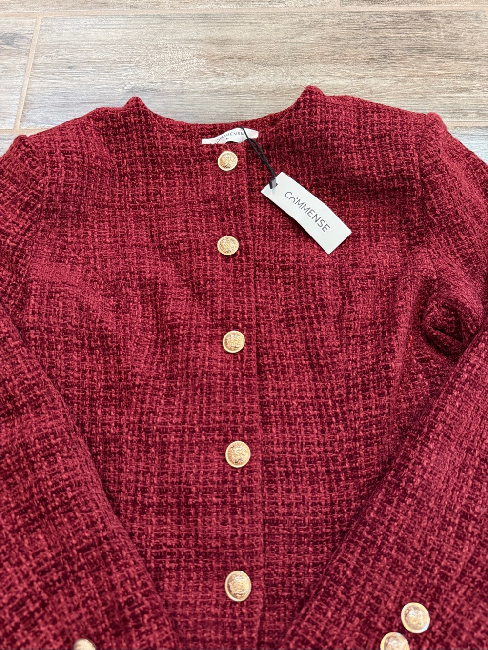 Commense Burgundy Button Down Slit Tweed Blazer - Picture 8 of 11